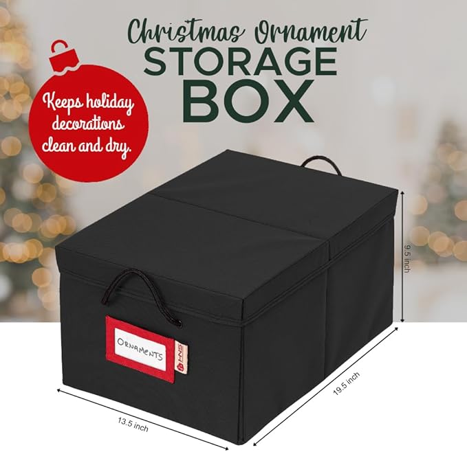 HOLDN’ STORAGE Christmas Ornament Storage Box with Dividers, Holds 72 Ornaments (3 Inch), Large Ball Storage Container with 3 Removable Trays, Durable and Portable - Black