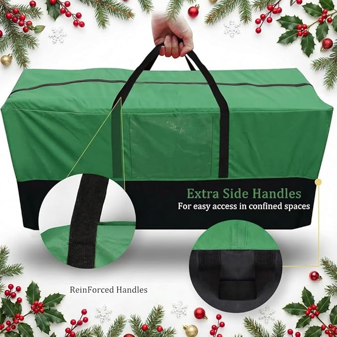 Christmas Tree Storage Bag, Fits Up 10-12 Ft Tall Artificial Trees-Heavy Duty Holiday Storage Box with Durable Reinforced Handles & Transparent Pocket- 600D Oxford Tree Storage Container, Green