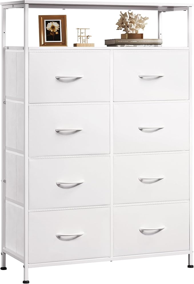 WLIVE Fabric Dresser for Bedroom with Open Shelves, Tall White Dressers with 8 Drawers, Storage Tower with Fabric Bins, Chest of Drawers for Closet, Hallway