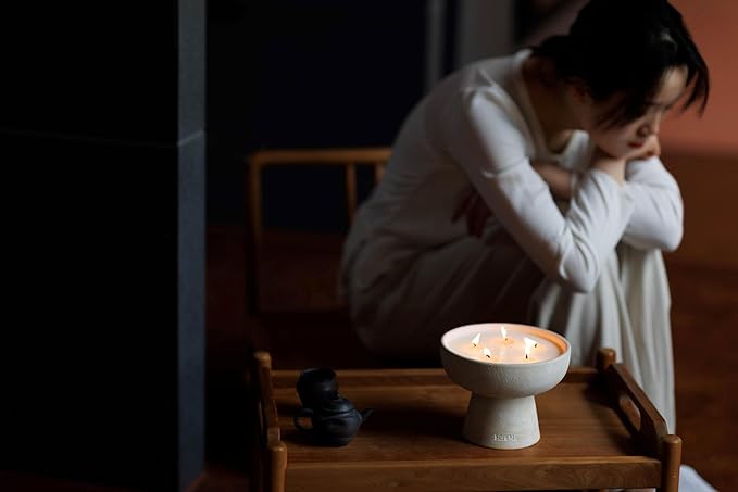 Blueme Calm Candle | Osmanthus & Sandalwood | 6 Wick - Refillable Wellness Candle with Essential Oils, Hand Finished & Poured Soy Wax Blend Ceramic Vessel, Natural Cotton Wicks | Giant 45 oz