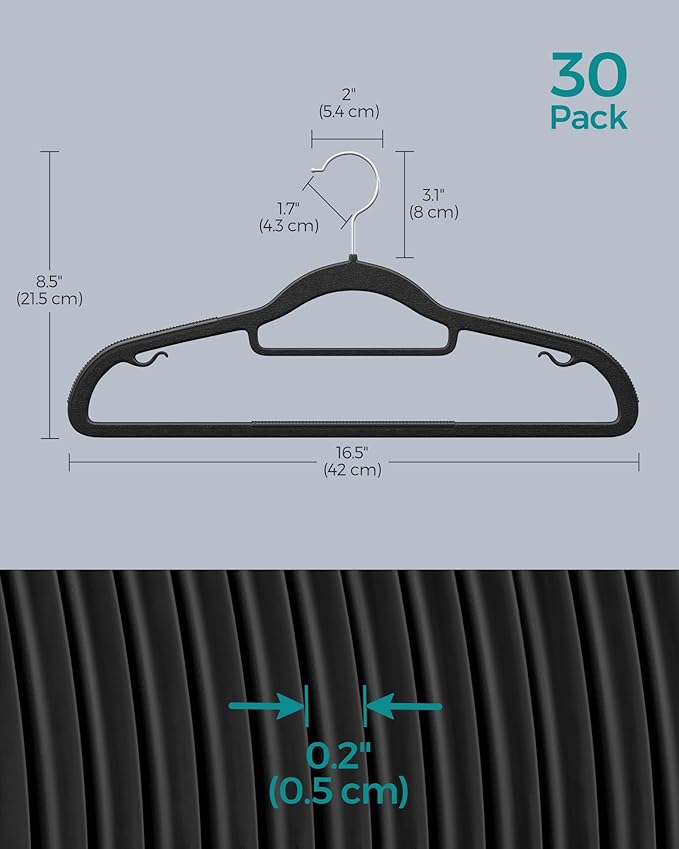 SONGMICS Pack of 30 Coat Hangers, Space-Saving Plastic Clothes Hangers, Non-Slip, 0.2 Inches Slim, 16.5 Inches Wide, 360° Swivel Silver Hook, Black UCRP20BK30