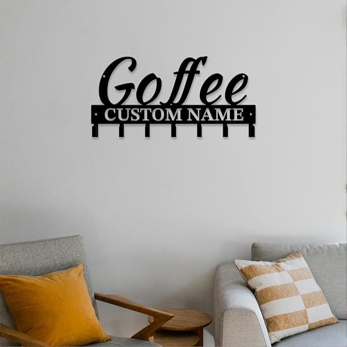 Personalized Custom Name Coffee Bar Wall Keys Hooks,Metal Coffee Shop Art Clothes Hooks,Metal Coffee Lover Wall Home Storage Decorative,For Front Door, Hallway, Kitchen, Bedroom,Keys,Hats (Style H)