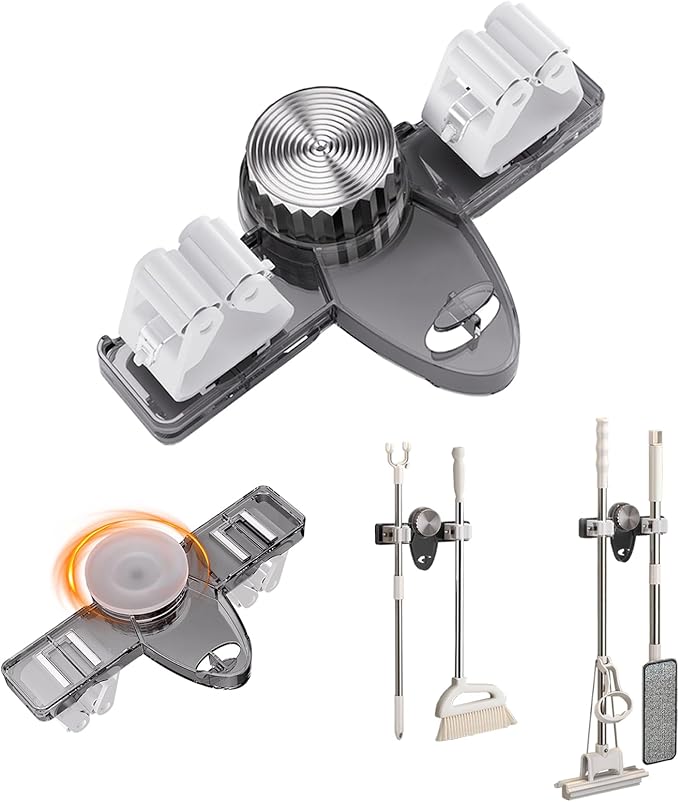 Mop and Broom Holder Wall Mount, No Punching Required Broom and Mop Organizer Wall Hanging with Hooks for Bathroom, Laundry Room, Garage, Kitchen,Garden Tool Organizer Storage (1pcs Gray)