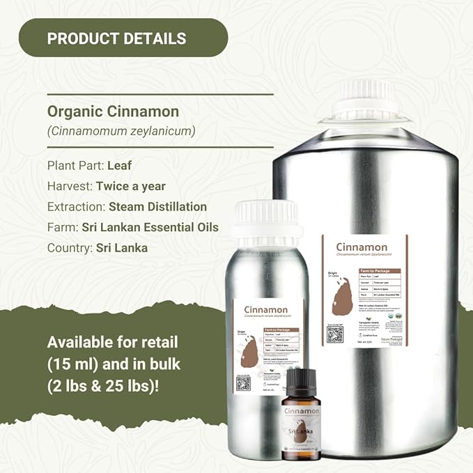 Organic Cinnamon Essential Oil - Direct from Sri Lankan Essential Oils - 100% Pure - Natural Aceite de Canela for Aromatherapy & Wellness - Premium Grade (15ml)