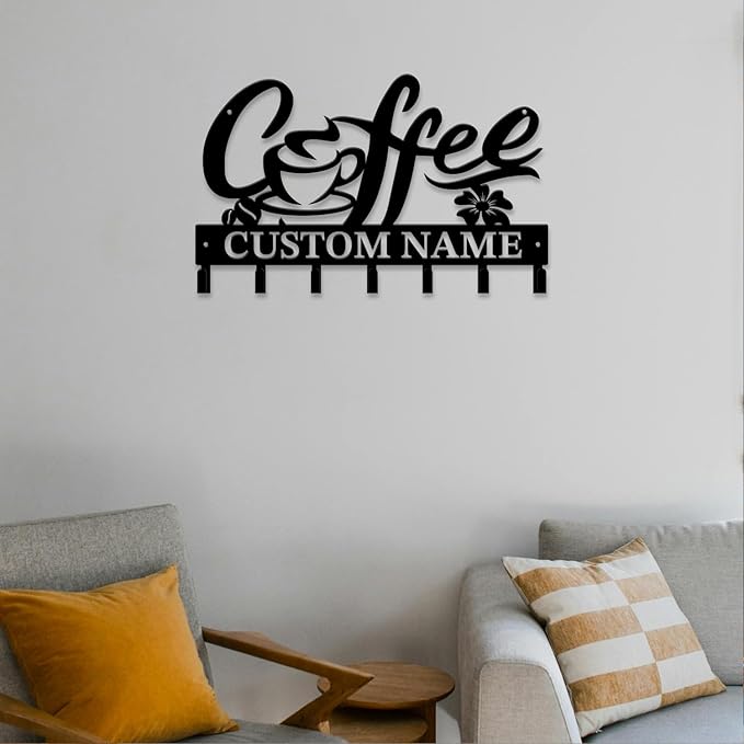 Personalized Custom Name Coffee Bar Wall Keys Hooks,Metal Coffee Shop Art Clothes Hooks,Metal Coffee Lover Wall Home Storage Decorative,For Front Door, Hallway, Kitchen, Bedroom,Keys,Hats (Style F)