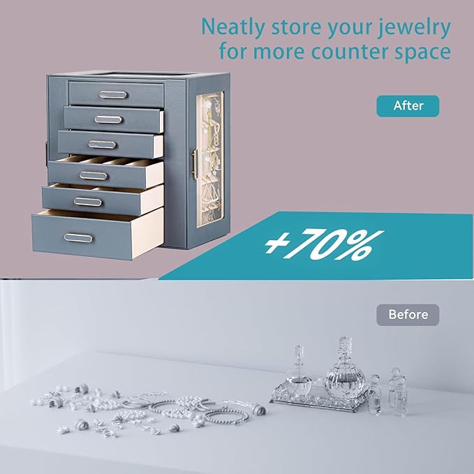 Jewelry Boxes for Women, 6 Layer Jewelry Organizer with Glass Lids, Jewelry Holder Organizer with 5 Drawers and 2 Glass Doors for Jewelry Storage, Big Jewelry Box for Womens Gift (Grey)