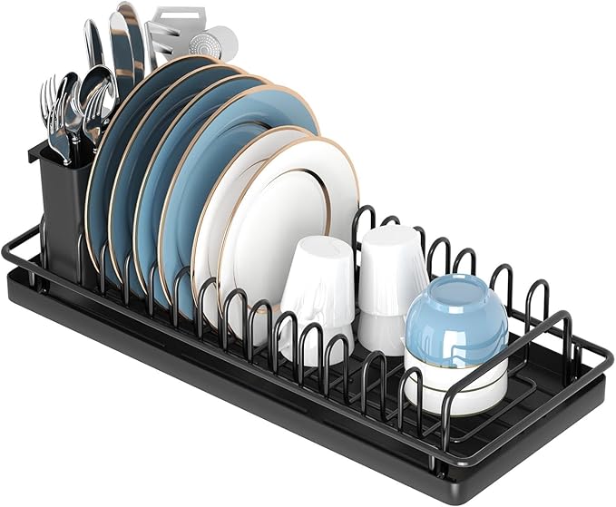 XYZLVSI Compact Small Dish Rack Sink Drying Rack with Silicone Mat, Stainless Steel Dish Drainer for Kitchen Cabinet, Kitchen Sink Rack,Dish Holder, Black