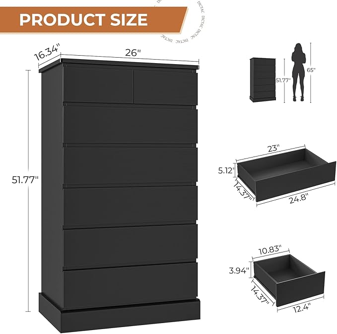 DICTAC Black Tall Dresser for Bedroom with 7 Drawers, 51.8" Tall Dressers & Chests of Drawers, Modern Wood Closet Organizer and Storage Cabinet, Large Vertical Dresser for Bedroom, Closet, Hallway