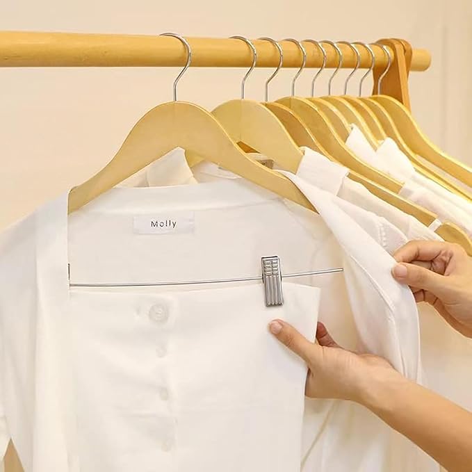 10 Pack Wooden Hangers with Clips High-Grade Wooden Suit Hangers Skirt Hangers with Clips S Wood Hanger with Durable Metal Clips for Blouse, Dress, Coat, Jacket (Natural)