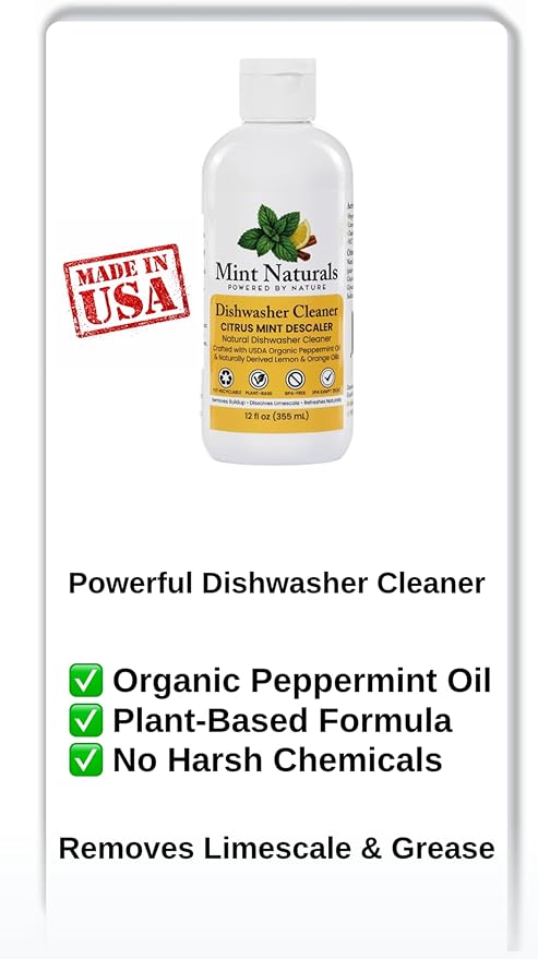Mint Naturals Clean Cycle Dishwasher Cleaner & Degreaser – Removes Odor, Limescale & Grease Build-Up, Low-Foam Citrus Mint Formula – 12 oz Made in USA