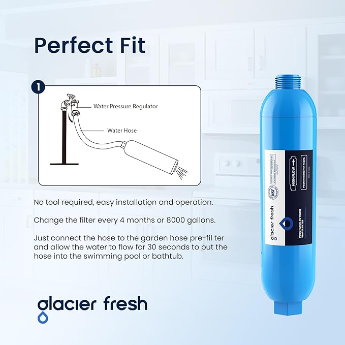 GLACIER FRESH Garden Hose End Pre-Filter for Swimming Pool, Hot Tubs, Spa, Inflatable Pool, Ponds, Greatly Reduces Bad Taste, Odors, Chlorin and Sediment, up to 8,000 Gallons, 1 Pack