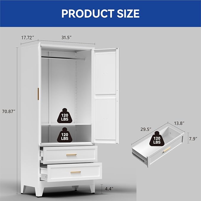 COFaR Metal Wardrobe Closet with Doors, 71'' Tall Farmhouse Bedroom Armoires with Drawers and Hanging Rod, Freestanding Steel Wardrobe Cabinet Coat Closet for Bedroom Home Office Garage, White
