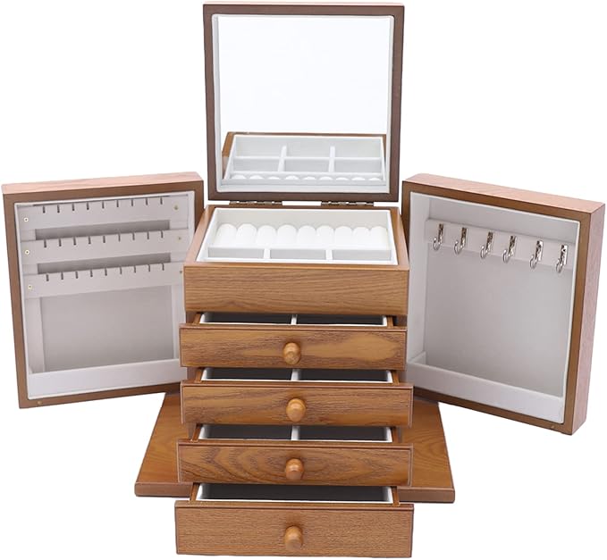 Eapmic Extra Large Four-Leaf Carved 5 Layers Wooden Jewelry Box Jewelry Case Cabinet Armoire Ring Necklacel Gift Storage Box Organizer(5 Layers,Brown,Style 1)