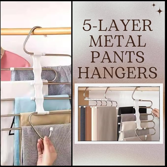 Set of Four - 5-Layer Stainless Steel Metal Pants Hangers | Space-Saving Hanger Rack for Men & Women | Folding Clothes Hangers | Multi-Purpose Organizer for Pants, Scarves, Jeans