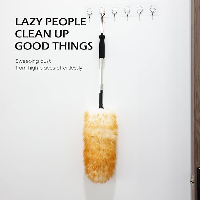 FeelfunFeather Lambswool Extendable Duster,67.7Inch Telescoping Feather Dusters with Stainless Steel Extension Pole for Cleaning High Ceiling Fan, High Ceilings,Furniture