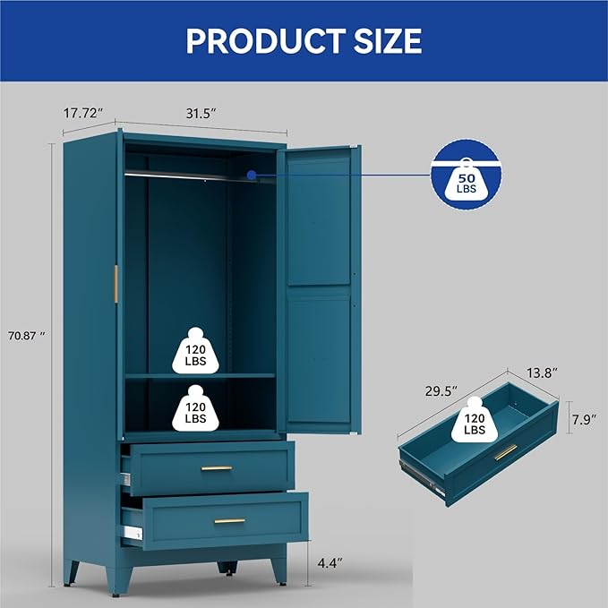 COFaR Metal Armoire Wardrobe Closet with Drawers, 71'' Tall Farmhouse Bedroom Armoires with Doors, Freestanding Steel Wardrobe Cabinet Coat Closet for Bedroom Home Office Garage, Peacock Blue