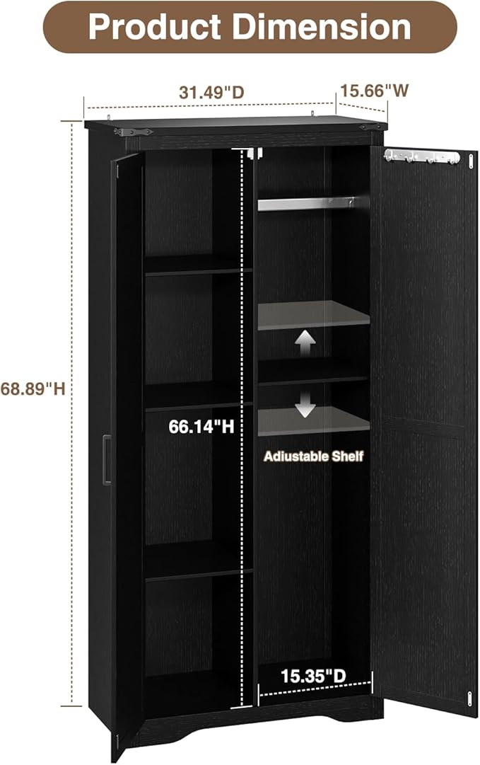 Set of 2 Black Farmhouse Storage Cabinet with Adjustable Shelves, Large Pantry Organize with 2 Barn Doors, Tall Freestanding Cabinet for Kitchen, Bathroom, Garage, Basement, Living, Utility Room