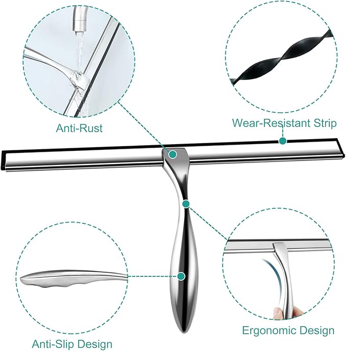 steauty Shower Squeegee for Glass Doors,12-Inch Shower Glass Squeegee, Sliver Shower Squeegee for Shower Doors,Mirror,Windows, with Shower Door Hook and Adhesive Hook