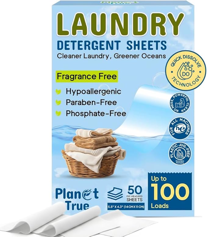 Eco-Friendly Laundry Detergent Sheets, 100 Loads (50 Sheets) Fragrance Free, Gentle & Concentrated Washer Sheet Detergent, Plastic-Free Laundry Sheet for Travel and Home