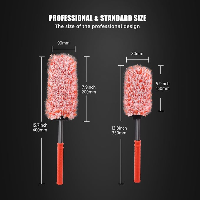SPTA Car Wheel Brush Set, 2Pcs Microfibre Rim Brush with Extra 2 Large and 2 Small Interchangeable Microfiber Covers, Rim Cleaner Brush for Wheel Cleaning, Wheel Cleaning Brush for All Wheel Types