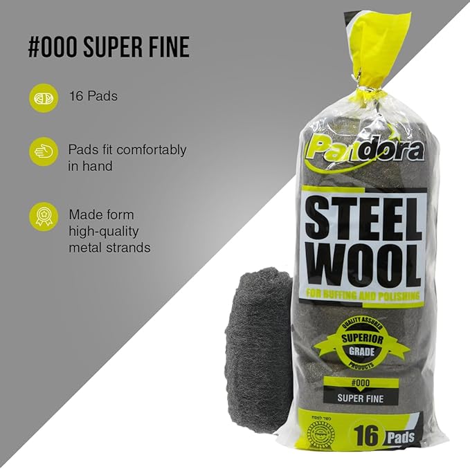Pandora Steel Wool #000 - Grade, 48 Pads for Buffing and Cleaning - Metal Strands - Ideal for Wax and Polish Removal