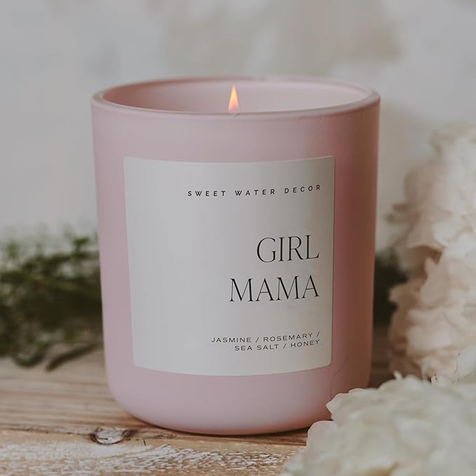 Sweet Water Decor Girl Mama Candle, Non-Toxic Soy Wax, Jasmine, Rosemary, Sea Salt, & Honey Scented, 15oz Pink Matte Jar, 70+ Hour Burn Time, Gift for Mother's Day, Baby Shower, Expecting & New Moms