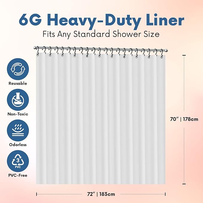 Premium Shower Curtain Liner, 72"W X 72''H - PVC-Free, 6G PEVA Shower Curtain with 12 Rust Proof Grommets And Magnet-weighted Bottom Hem - Moisture Stain Proof Shower Curtain Liner - White