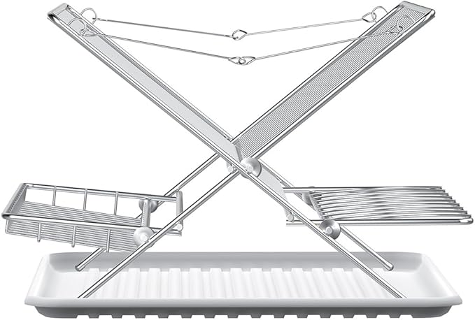 TABABAO Over The Sink Dish Drying Rack, Collapsible 3 Tier Dish Racks for Kitchen Counter, Large Capacity Stainless Steel Dish Drainer with Utensil Holder and Drainboard (Upgraded)