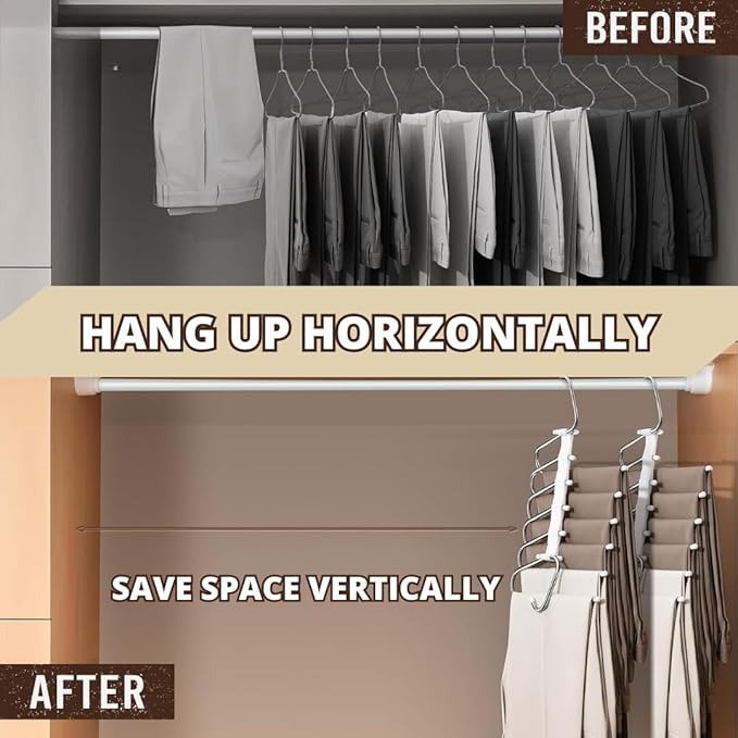 Set of Four - 5-Layer Stainless Steel Metal Pants Hangers | Space-Saving Hanger Rack for Men & Women | Folding Clothes Hangers | Multi-Purpose Organizer for Pants, Scarves, Jeans