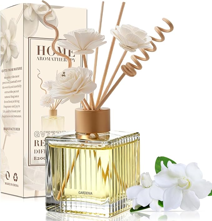 Gardenia Reed Diffuser Set - 6.7 oz Glass Bottle with 4 Rattan Sticks, 3 Dried Flowers | Adjustable, Long-Lasting Scent for Home, Bedroom, Living Room, Office, Bathroom | Aromatherapy Gift Set