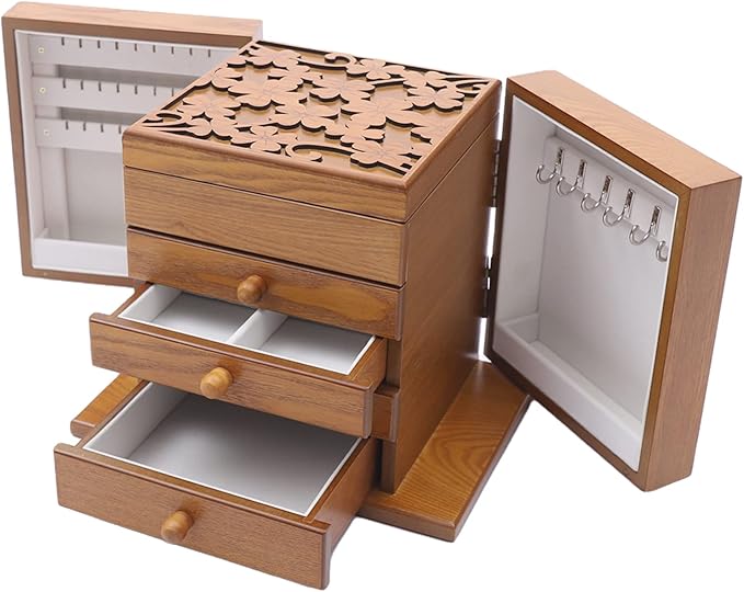 Eapmic Extra Large Four-Leaf Carved 5 Layers Wooden Jewelry Box Jewelry Case Cabinet Armoire Ring Necklacel Gift Storage Box Organizer(5 Layers,Brown,Style 1)