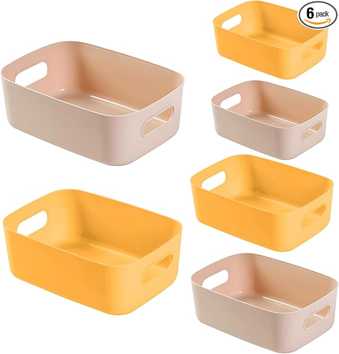 6-Pack Plastic Storage Bins Baskets of 3 Sizes, Cabinet Organizer Pantry Organizing Baskets with Handles, Cupboard Box Containers for Home Kitchen Bathroom Classroom Office, Yellow and Beige