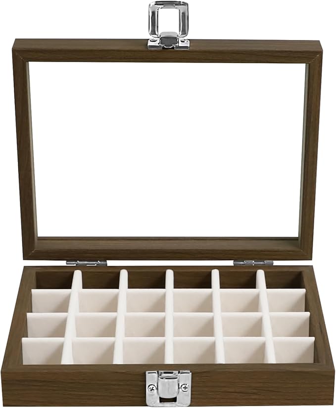 Wudygirl Wood Jewelry Organizer Small Jewelry Box Jewelry Tray with Lid Earring Organizer for Women Velvet Ring Holder Jewelry Storage Display for Drawer Earring Case 24 Grid (Beige)