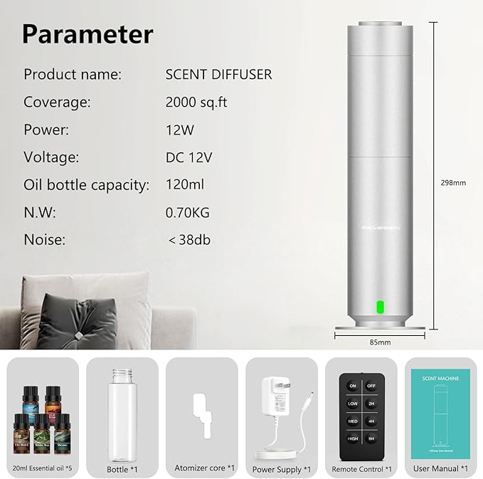 Waterless Scent Diffuser Kit, Includes 5 Premium Oils, 2000 Sq.Ft Coverage, Hotel Collection Scent Diffuser for Home, Studio, Essential Oil Diffuser Large Room, Remote & APP Control - Silver