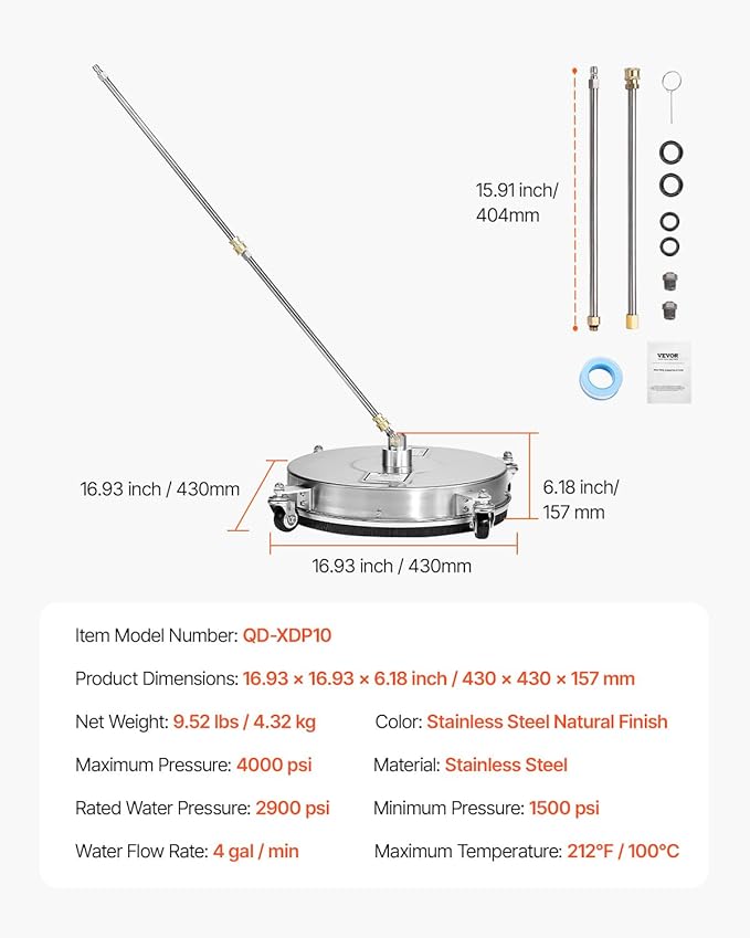 VEVOR 16.5" Pressure Washer Surface Cleaner, Stainless Steel Pressure Washer Attachments with 4 Wheels, 4000 Max PSI, 1/4 Quick Connector, 2 Spray Nozzles, 2 Extended Wands for Concrete, Patio, Deck