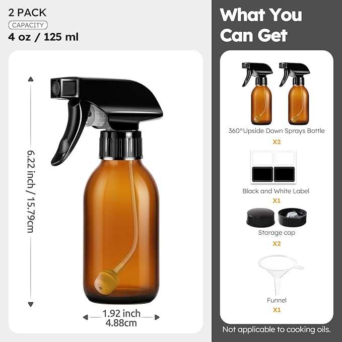 Tecohouse 360° 4 OZ Amber Glass Spray Bottles, 2 Pack Empty Refillable Containers with Adjustable Spray Nozzles, Dark Spray Bottles for Cleaning Solutions, Plants, Hairs