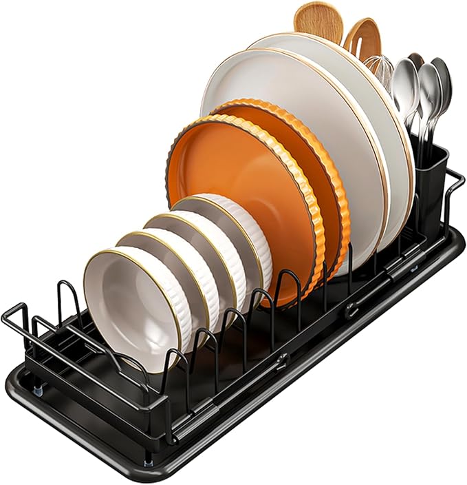 Small Sink Dish Drying Rack - Expandable Dish Rack Over Sink with Drainboard, Adjustable Dish Drainer with Utensil Holder, Compact Plate and Bowl Rack for Kitchen Counter,Black
