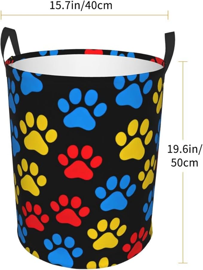 Laundry Hamper, Colorful Paw Print Pattern, Collapsible Polyester Storage Basket with Handles, 15.7x19.6 Inches (Colorful Paw)