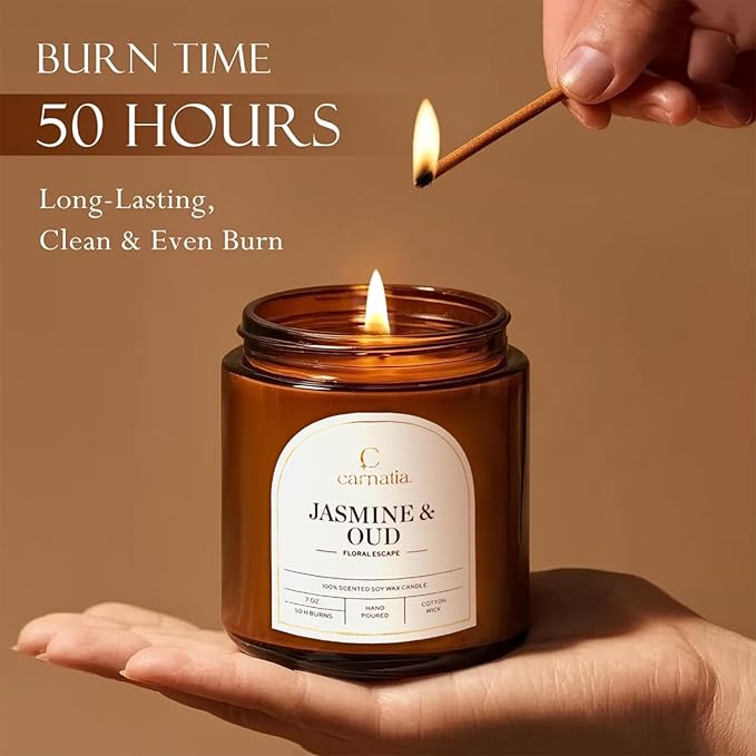 Carnatia Jasmine & Oud Scented Candle – 7 oz | 100% Soy Wax with Cotton Wick | 50 Hour Burn | Aromatherapy Candle for Home, Mood Lift & Relaxation | Gift for Women & Men