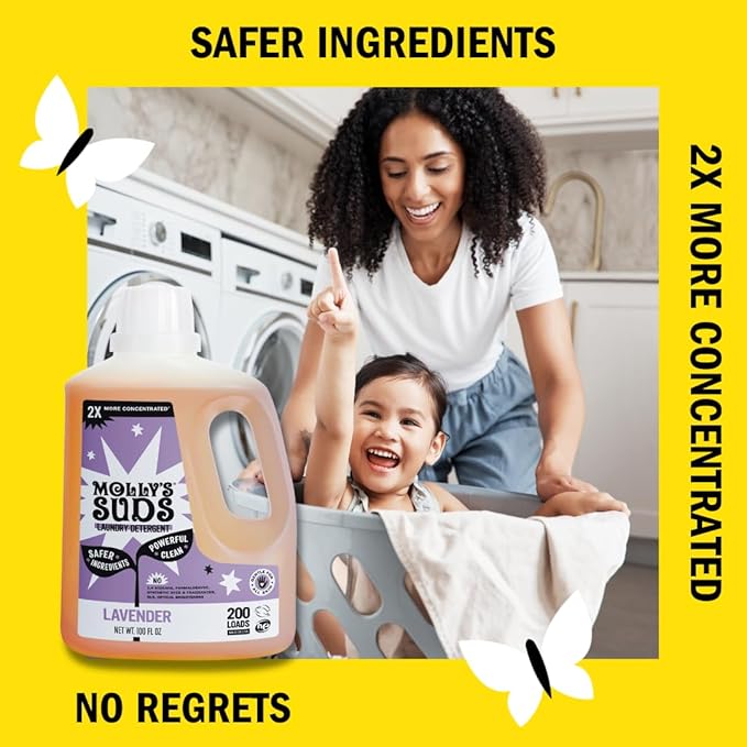 Molly's Suds Liquid Laundry Detergent | Clean Laundry Detergent Soap for Sensitive Skin | 2x Concentrated, High Efficiency (HE) (Lavender - 200 Loads)
