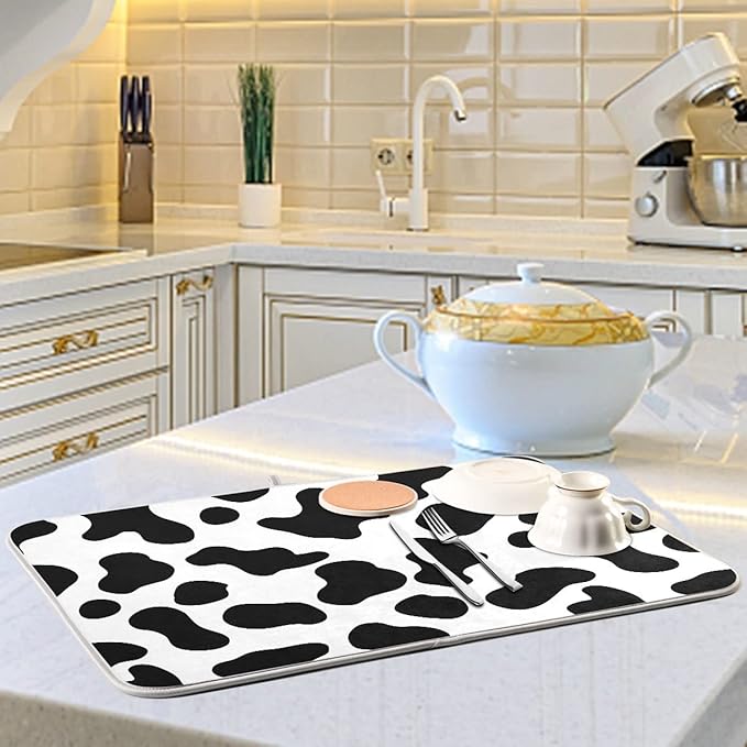 Cow Spots Black and White Dish Drying Mat 16x18 for Kitchen Counter Rustic Farm House Country Style Dishes Pad Absorbent Fast Dry Dish Draining Mats Large Kitchen Accessories