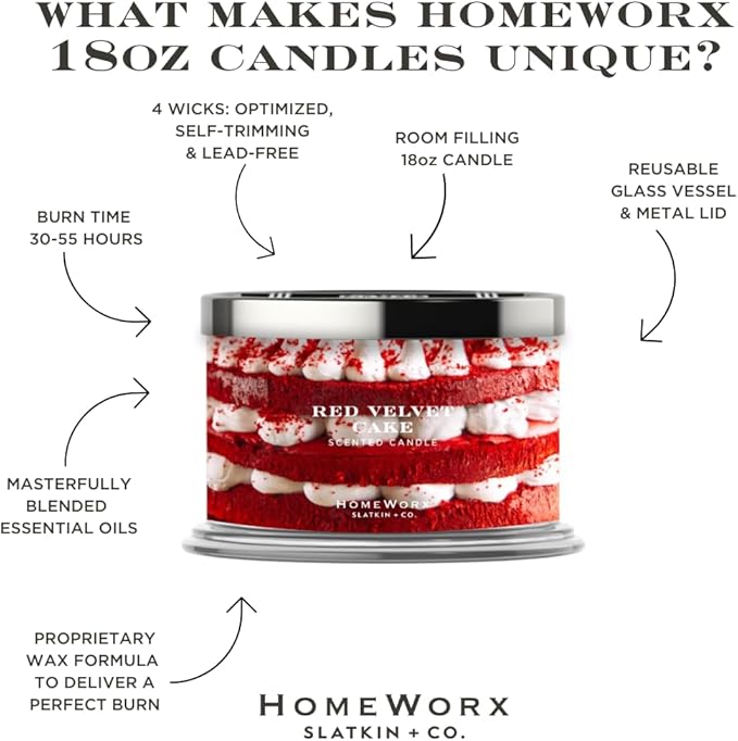 HomeWorx by SLATKIN + CO. Candle- Red Velvet Cake, 18 oz. Premium Scented Candle - 30-55 Hours Burn Time