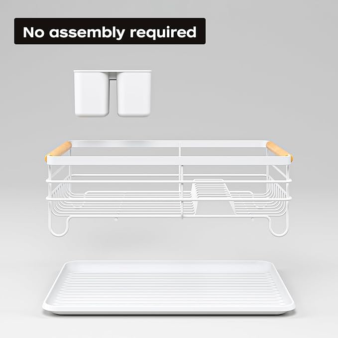 jouzevic Dish Racks for Kitchen Counter: Wooden Handles, Thickened Metal, No Assembly. Small Dish Drying Rack: Ideal for Small Households. Drying Rack Kitchen: White