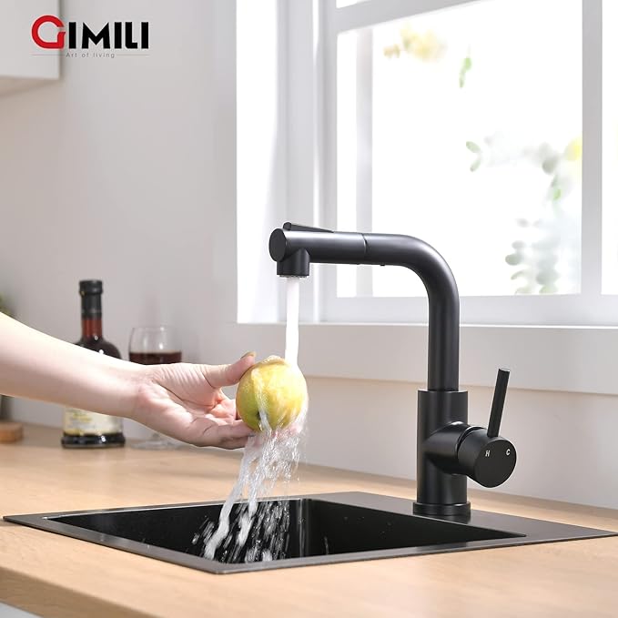 GIMILI Modern Bar Sink Faucet for Kitchen Sink Single Handle with Pull Out Sprayer Hot and Cold Prep Sink Faucet Matte Black