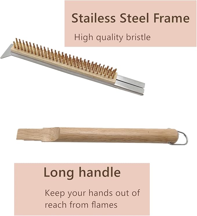 ToppYuanZea 21 Inch Pizza Oven Brush with Scraper, Brass Bristles, Outdoor BBQ Grill Cleaning Brush Copper Wire Pizza Stone with 1 Screwdriver Outdoor Oven Accessories