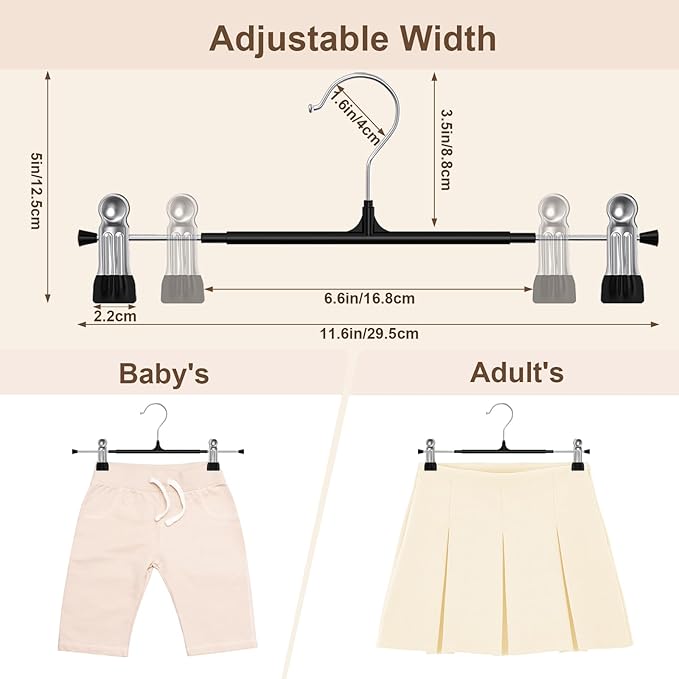 POZEAN Pants Hangers with Clips 50 Pack, 12 Inch Adjustable Skirt Hangers for Women, Space Saving Non-Slip Hangers for Shorts, Jeans, Coat, Kids' Clothes (Black, 50Pack)