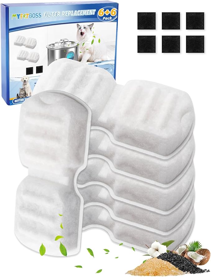 Cat Water Fountain Filters Compatible with 74oz/2.2L Compatible with 87oz/2.6L Stainless Steel Cat Water Fountains, 6 Carbon Filters + 6 Ultra-fine Fiber for Clean & Fresh