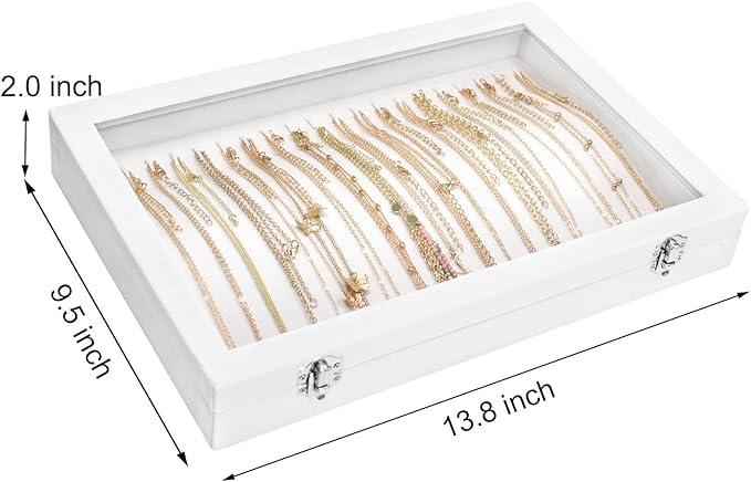 Necklace Organizer Box Premium 20 Hooks Velvet Necklace Display Jewelry Tray with Transparent Lid Jewelry Necklace Display Box for Necklace Pendants Suitable for Women and Girls (Ivory)