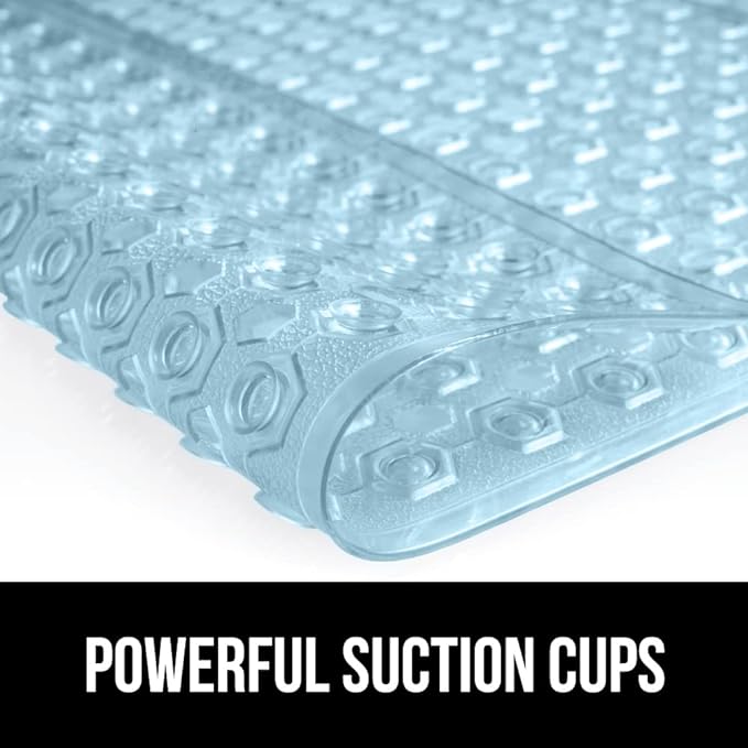 GORILLA GRIP Patented Bath Tub Shower Mat, Machine Washable Bathtub Floor Liner Mats, Suction Cups and Drain Holes to Keep Tubs Clean, Soft on Feet, Bathroom Essentials, 35x16 Inch, Clear Blue
