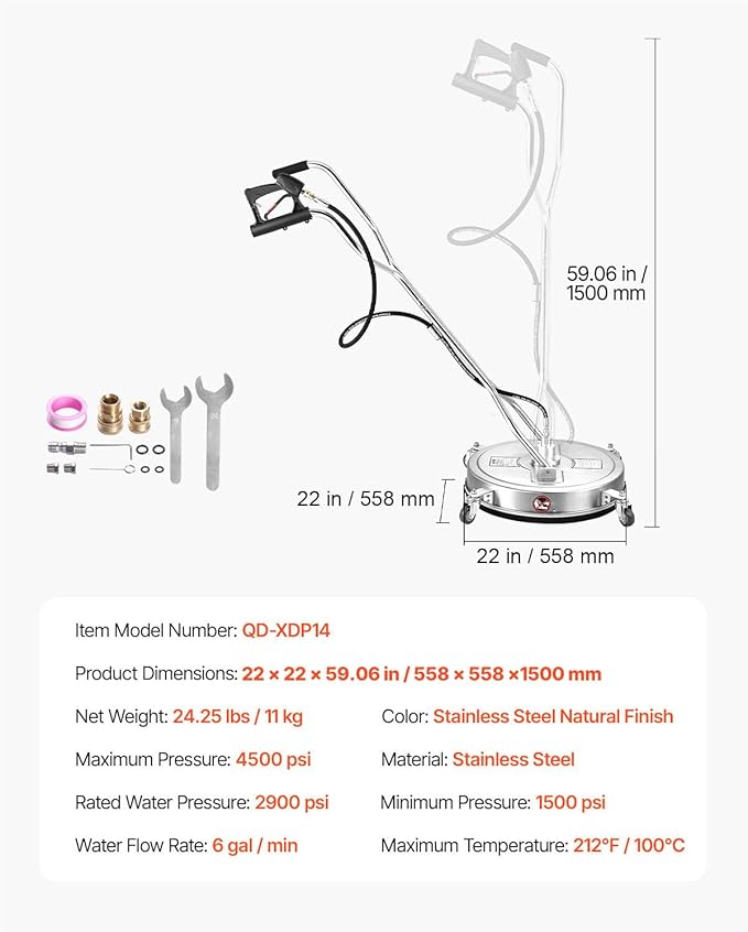 VEVOR 22" Pressure Washer Surface Cleaner, Stainless Steel Pressure Washer Attachments with 4 Wheels, 4500 Max PSI, 3/8 Quick Connector, 2 Spray Nozzles, Dual Handle, for Concrete, Patio, Sidewalk